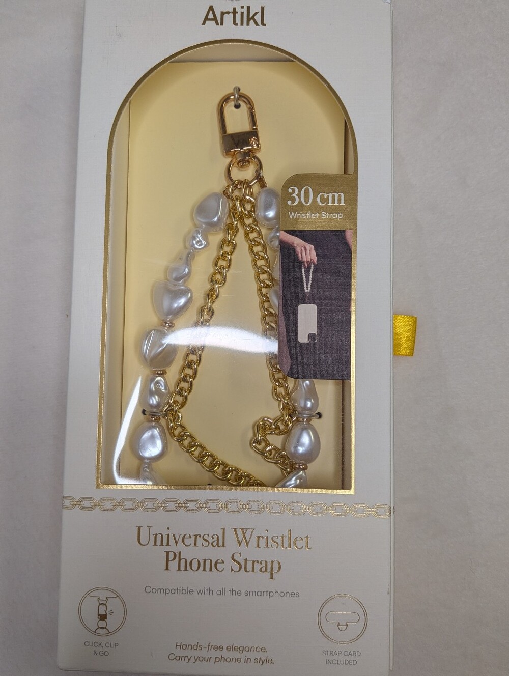 Artikl Universal Wristlet Phone Strap - Pearl & Gold Chain - 30cm Charm NIB